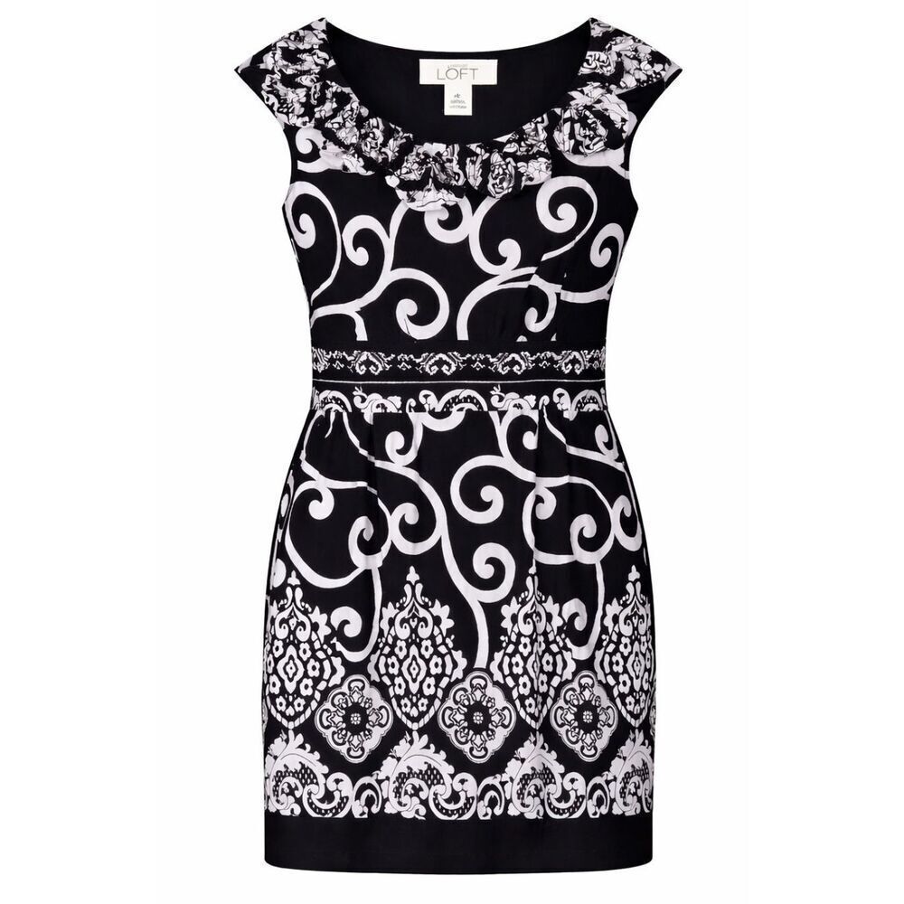 AA Studio Womens Midi Dress Size 8 Black White Scroll Sleeveless Sheath Ruffle